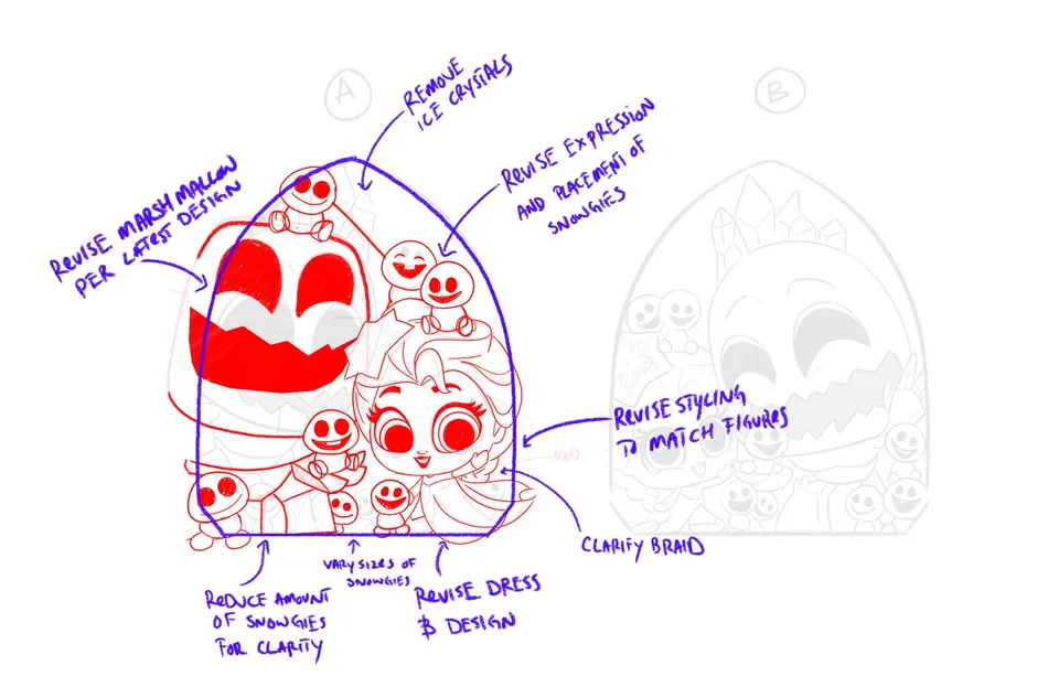 Doorables Frozen chip-art drawover with red and blue revision notes