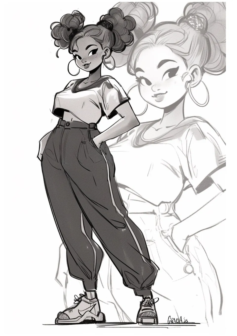 Streetwear character study — full figure in cropped tee and track pants