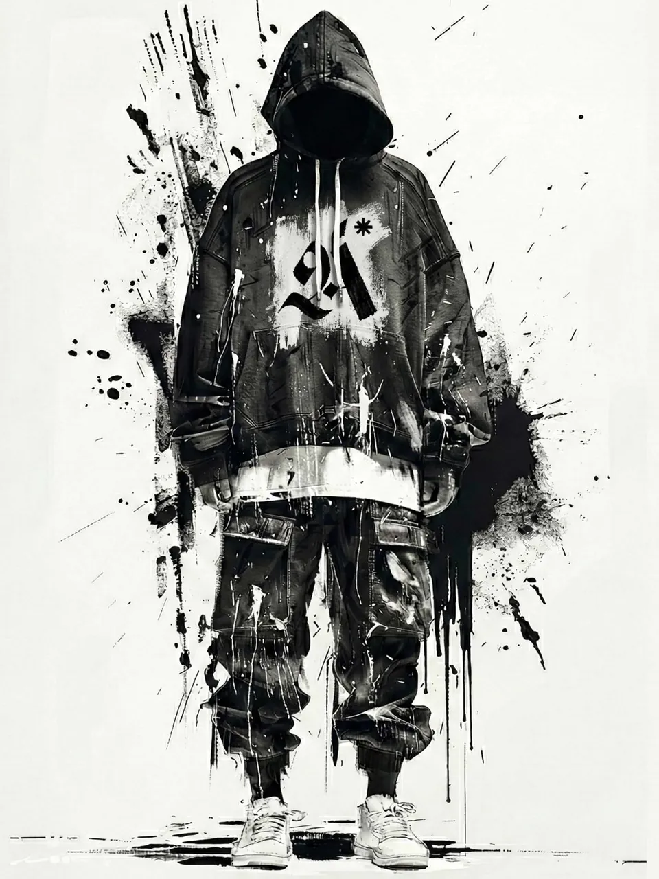 TAD ink-splatter fashion sketch of a hooded figure